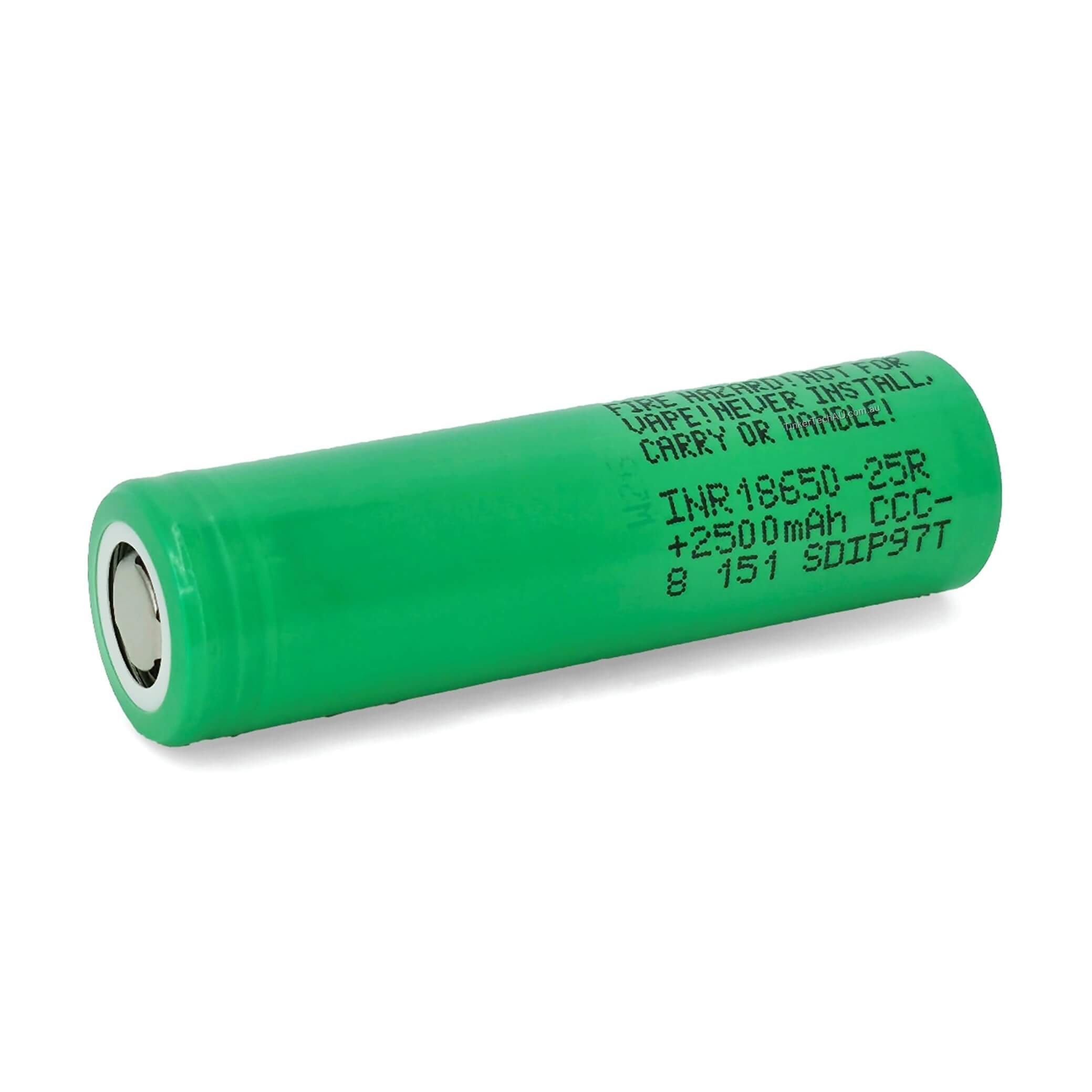 Top view of genuine Samsung 25R 18650 2500mAh 20A flat top unprotected lithium-ion battery, 2025 production.