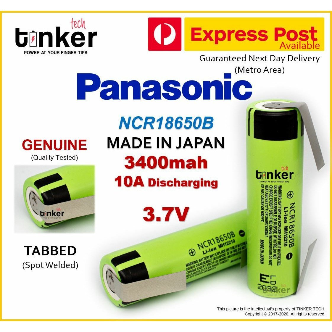 Panasonic NCR18650-B 3400mAh 10A Battery - Solder Tabbed - TinkerTech AU Panasonic 18650 Tabs