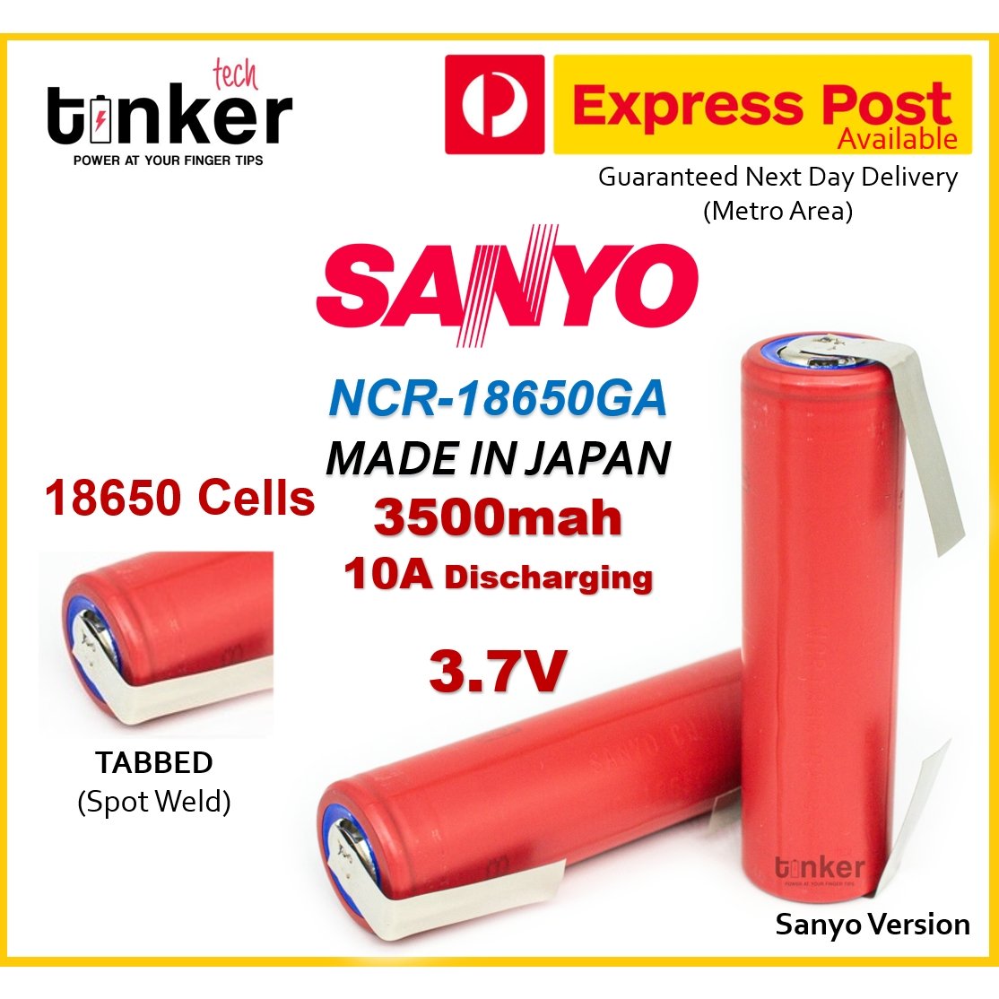 Sanyo NCR18650-GA 3500mAh 10A Battery - Solder Tabbed - TinkerTech AU Sanyo 18650 Tabs