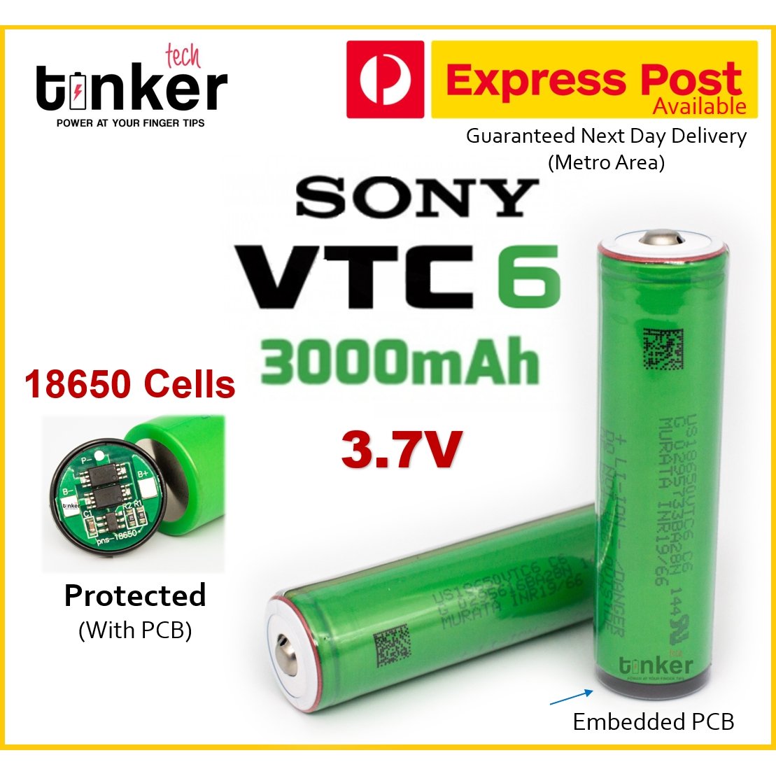 Sony | Murata VTC6 18650 3000mAh 15A Battery - Protected Button Top - TinkerTech AU Sony / Murata 18650 Protected