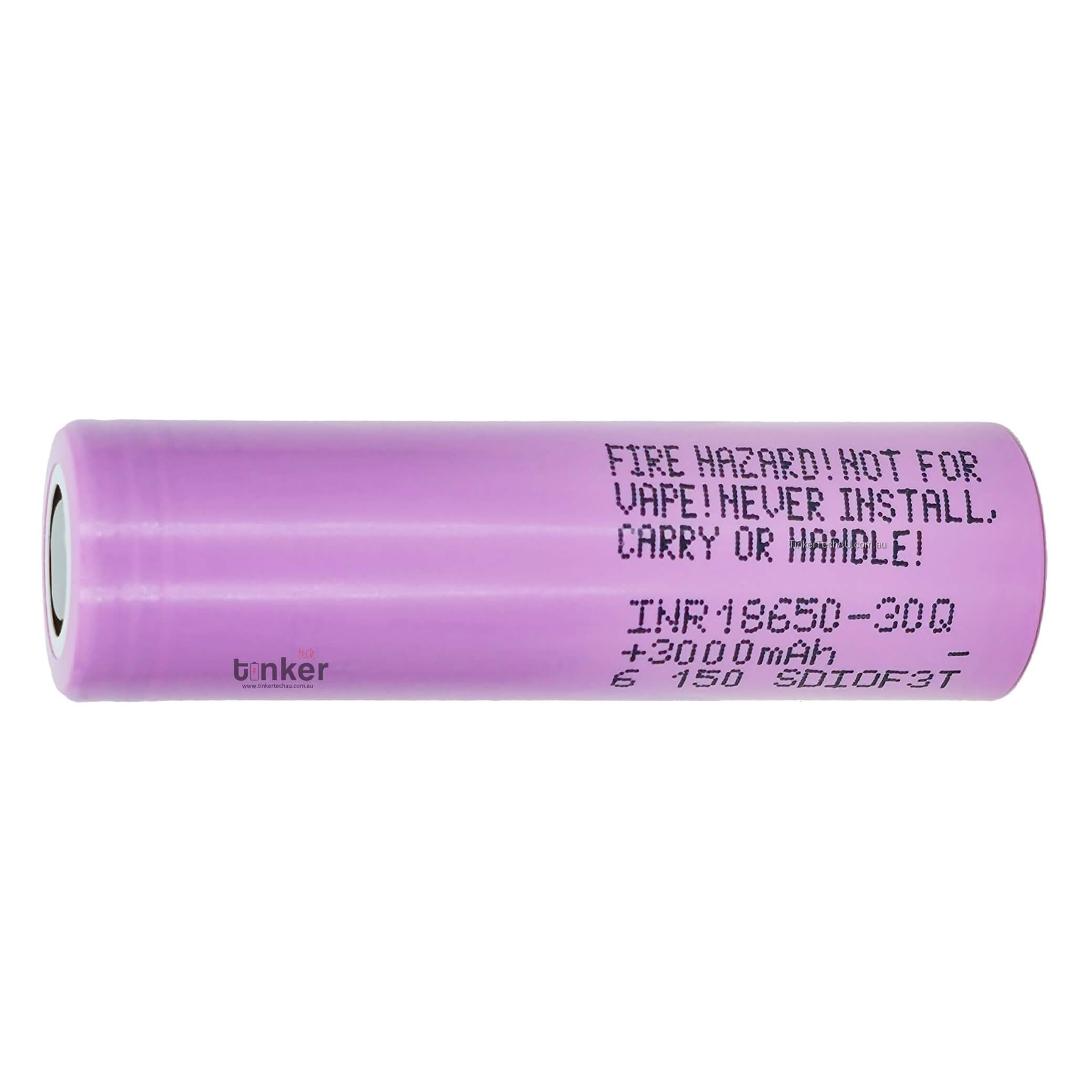 Front view of genuine Samsung 30Q 18650 3000mAh 15A flat top unprotected  lithium-ion battery, 2025 production.