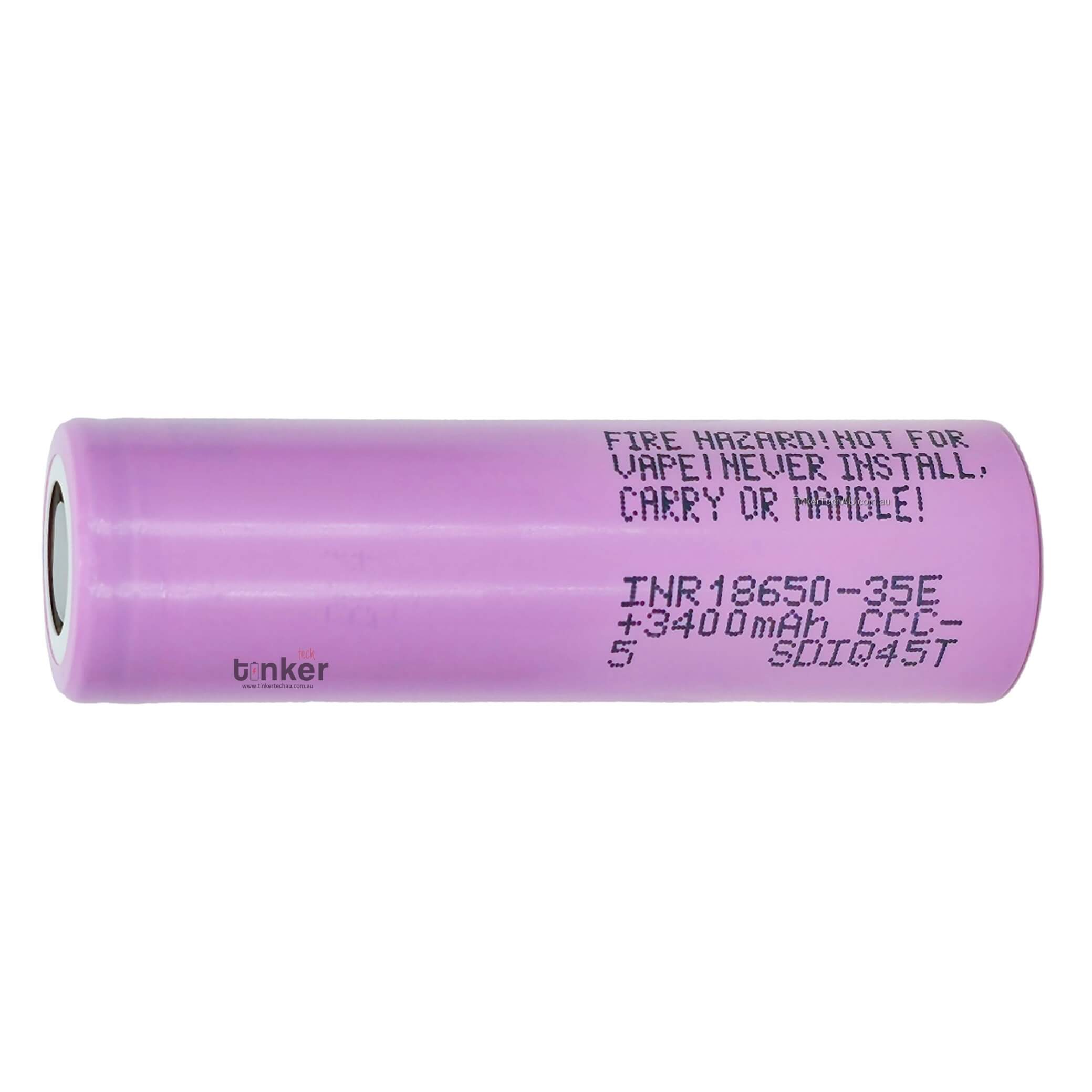 Front view of genuine Samsung 35E 18650 3500mAh 10A flat top unprotected  lithium-ion battery, 2025 production.